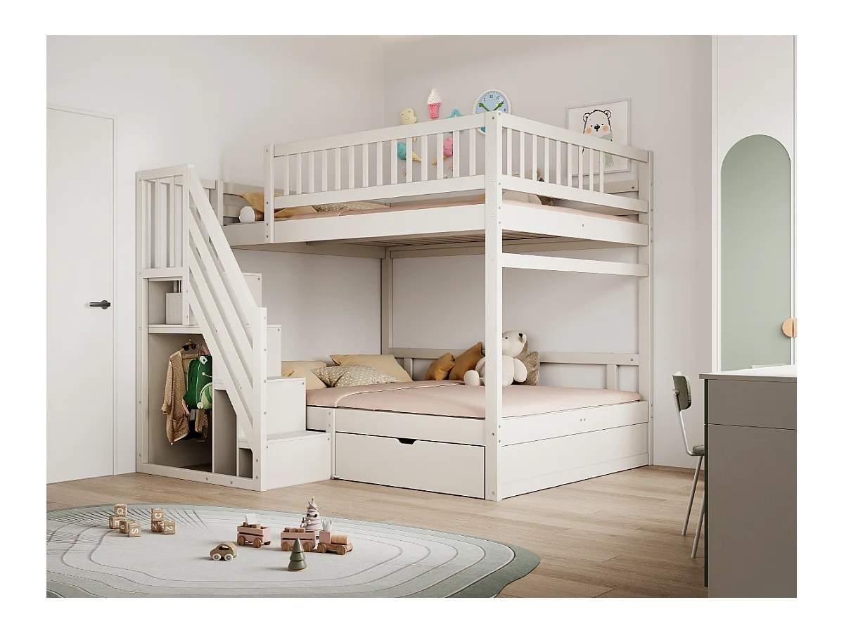 Lit superposés pour enfant - 2 x 140 x 200 cm - avec 1 tiroir + rangements d'escalier - bois + MDF - blanc