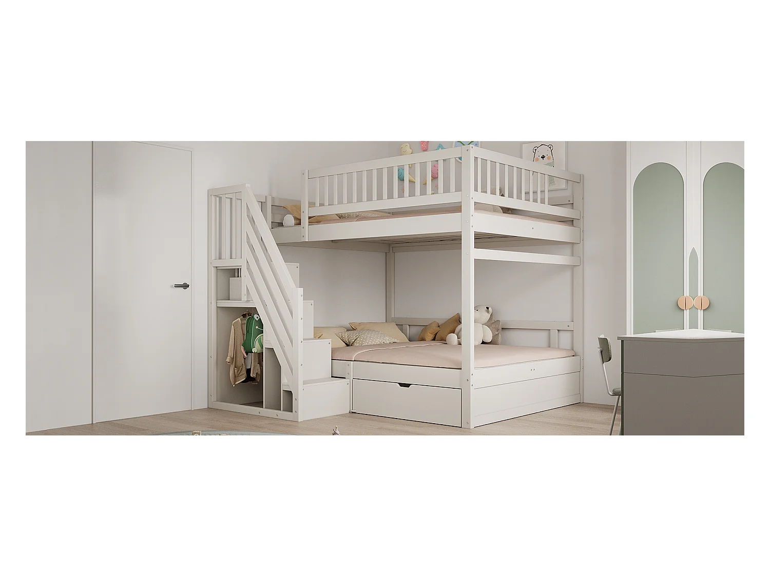 Lit superposés pour enfant - 2 x 140 x 200 cm - avec 1 tiroir + rangements d'escalier - bois + MDF - blanc