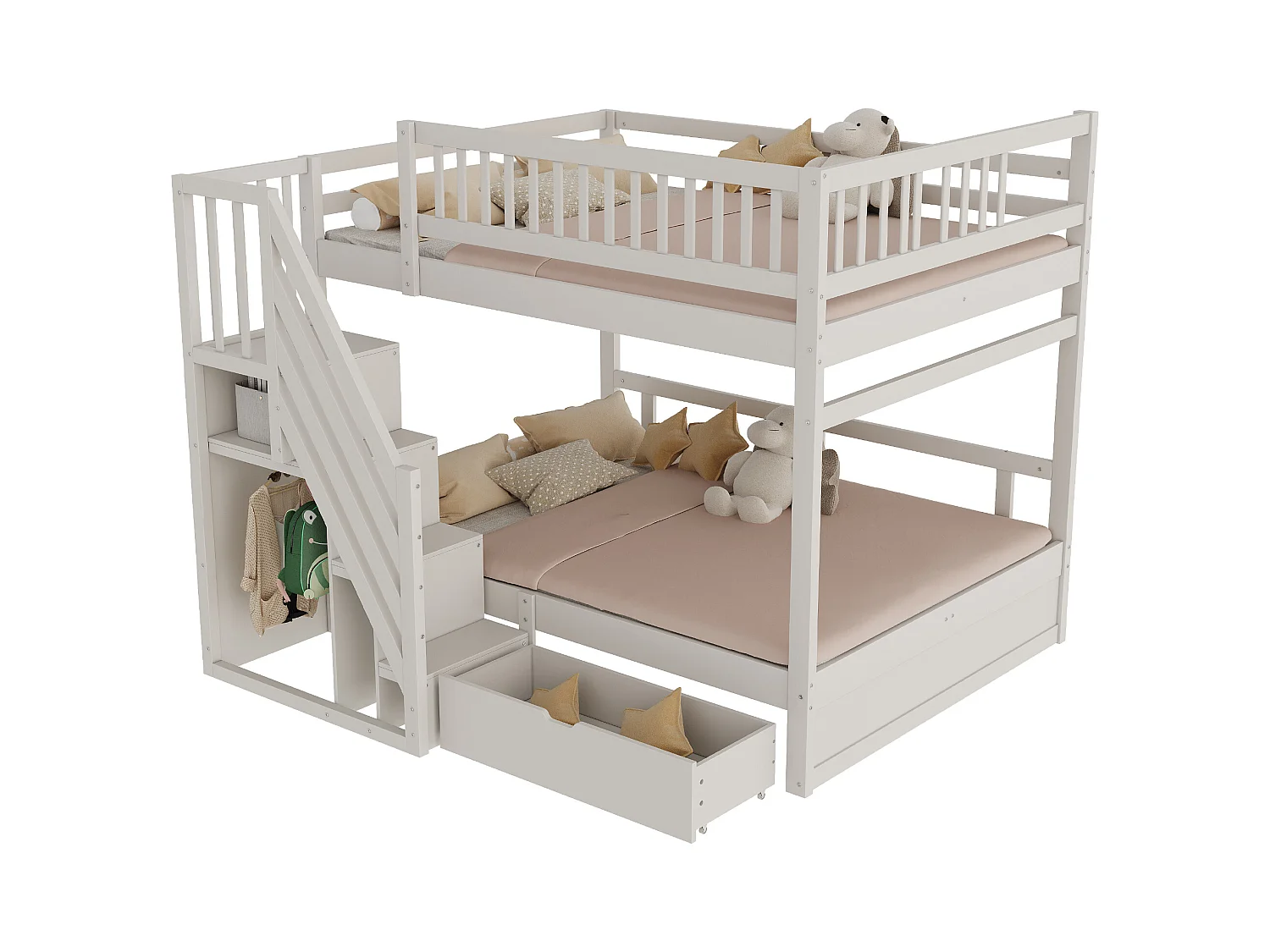Lit superposés pour enfant - 2 x 140 x 200 cm - avec 1 tiroir + rangements d'escalier - bois + MDF - blanc