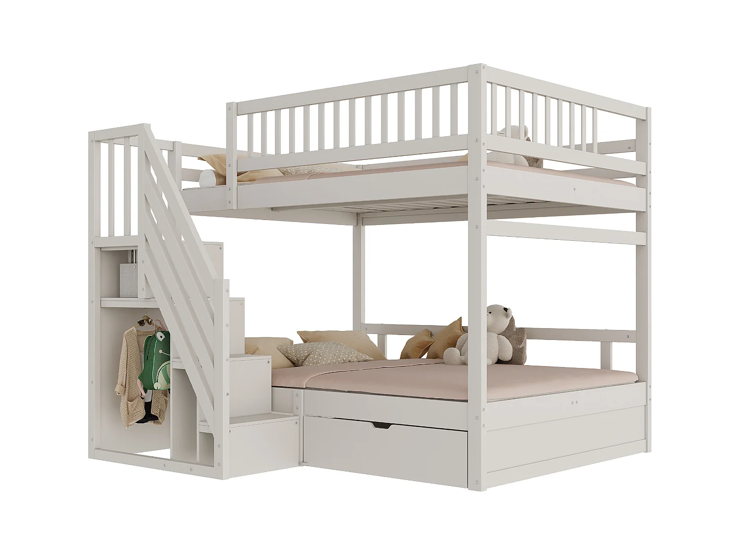 Lit superposés pour enfant - 2 x 140 x 200 cm - avec 1 tiroir + rangements d'escalier - bois + MDF - blanc