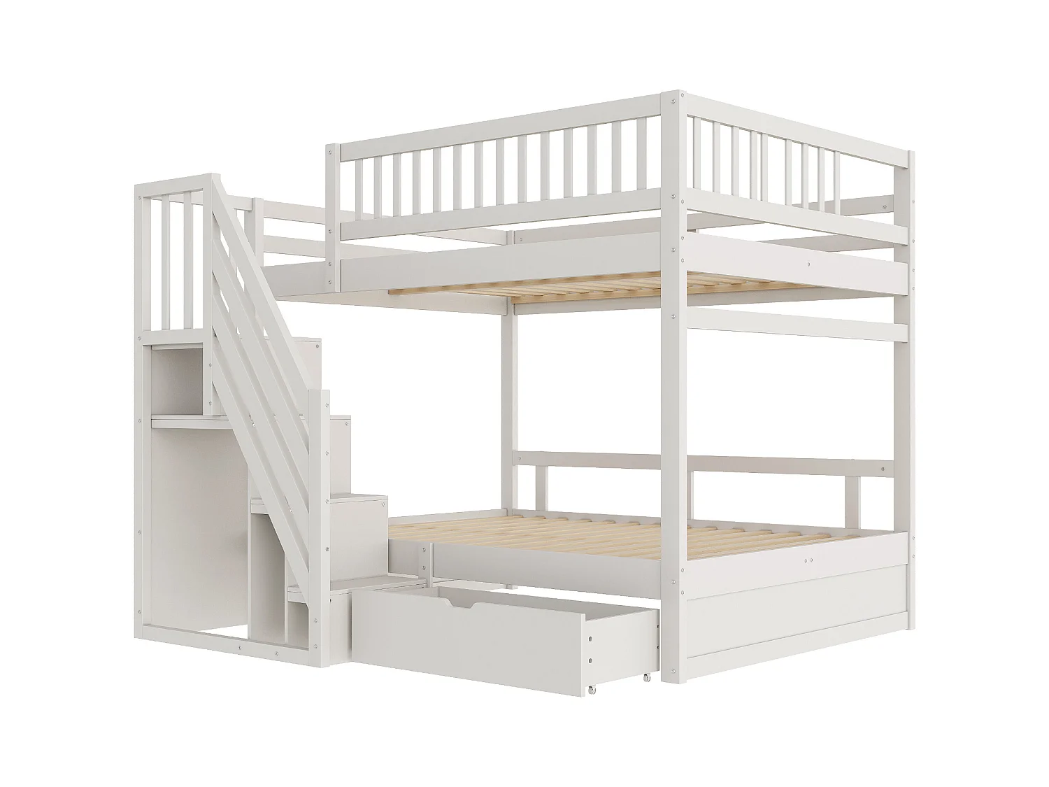 Lit superposés pour enfant - 2 x 140 x 200 cm - avec 1 tiroir + rangements d'escalier - bois + MDF - blanc