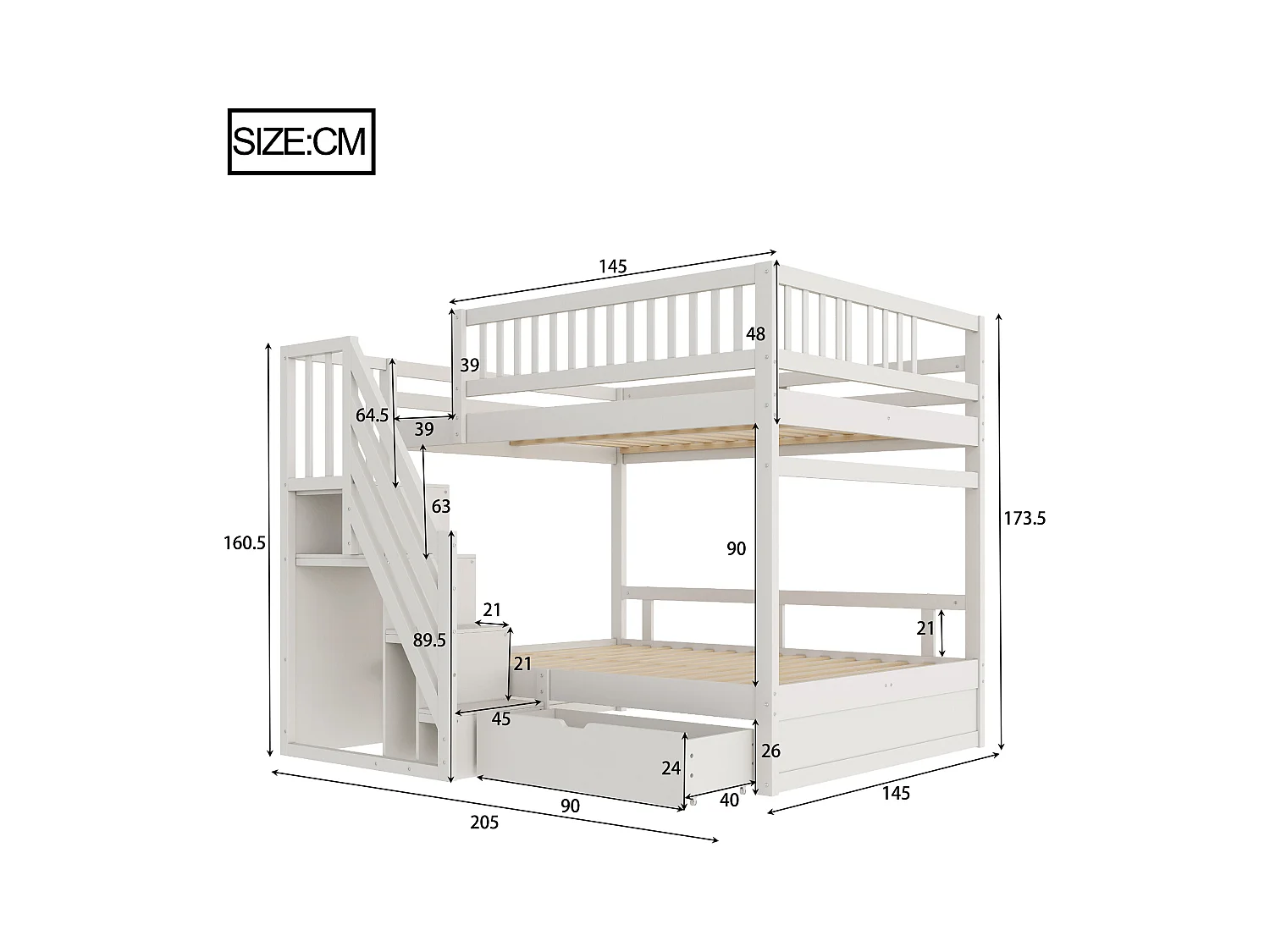 Lit superposés pour enfant - 2 x 140 x 200 cm - avec 1 tiroir + rangements d'escalier - bois + MDF - blanc