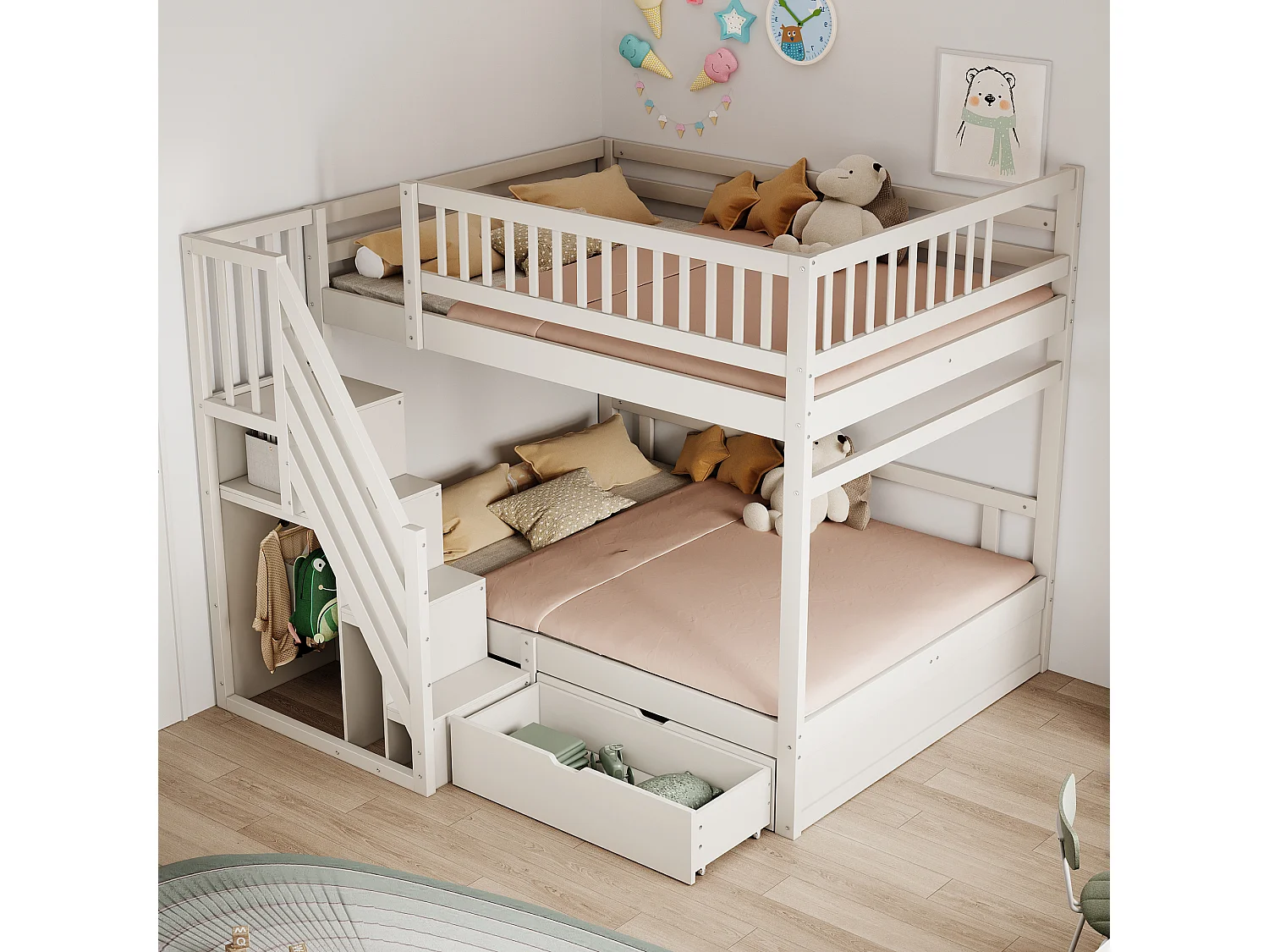 Lit superposés pour enfant - 2 x 140 x 200 cm - avec 1 tiroir + rangements d'escalier - bois + MDF - blanc
