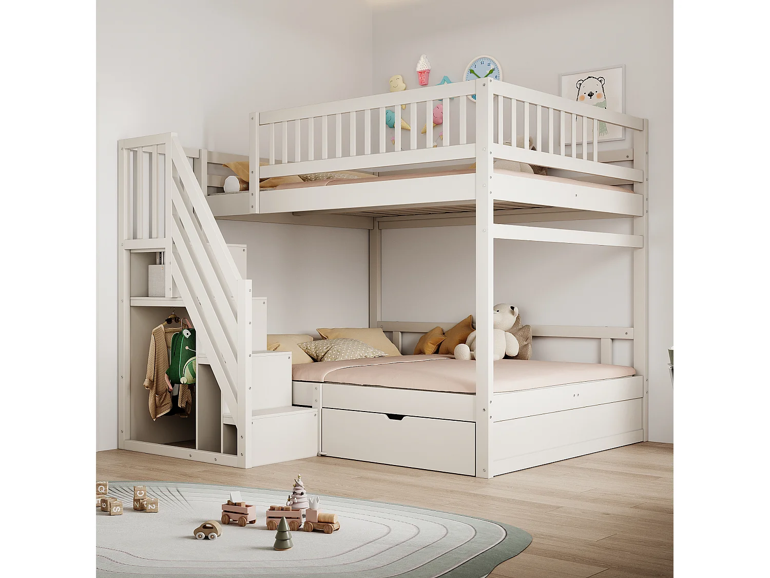 Lit superposés pour enfant - 2 x 140 x 200 cm - avec 1 tiroir + rangements d'escalier - bois + MDF - blanc