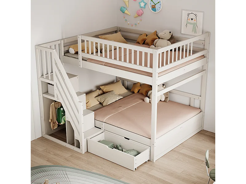 Beliche infantil - 2 x 140 x 200 cm - com 1 gaveta + armário para escada - madeira + MDF - branco