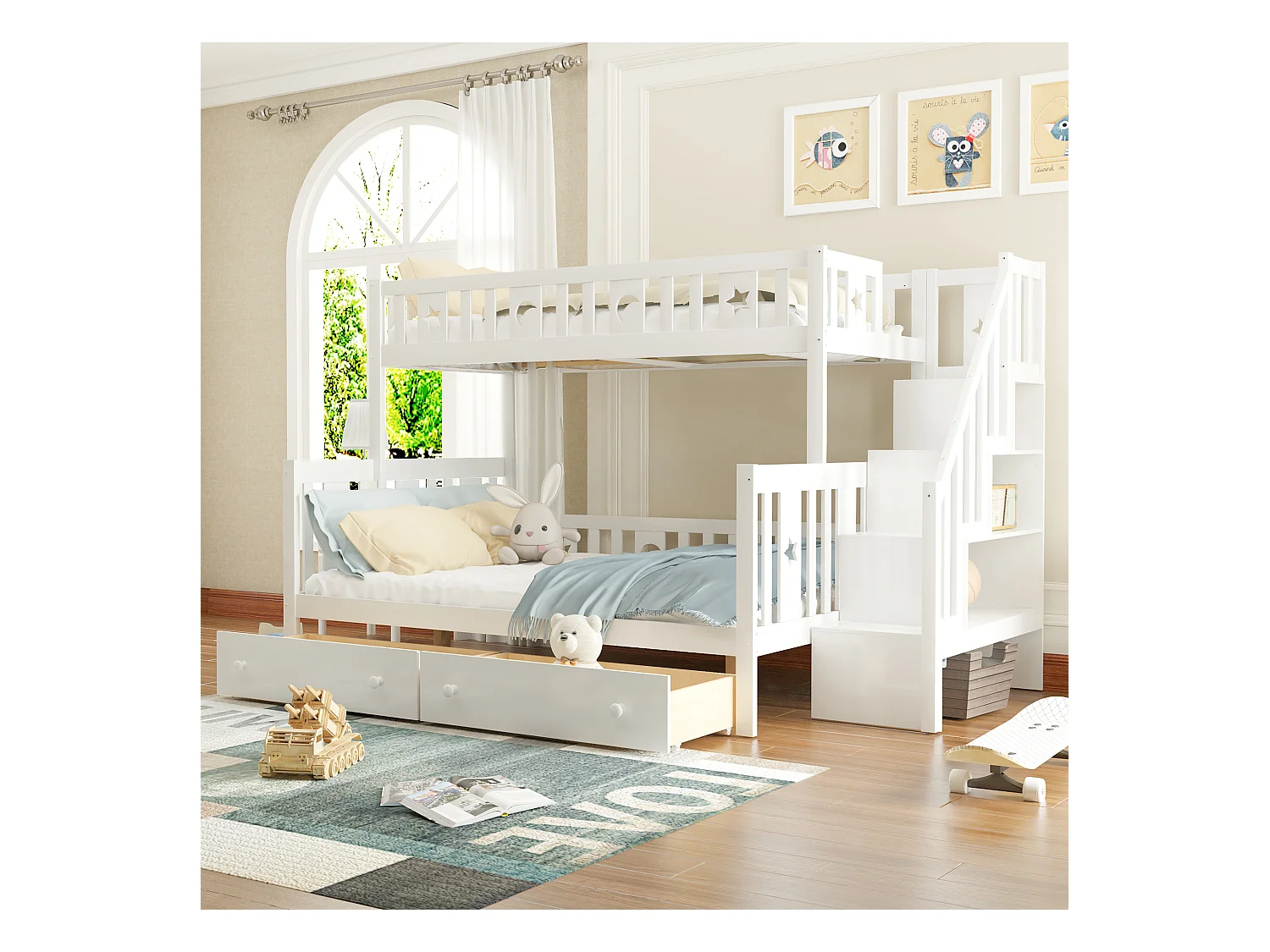 Lit superposés enfant - 90 x 200 cm + 140 x 200 cm - avec 2 tiroirs + rangements dans l'escalier - bois + MDF - blanc