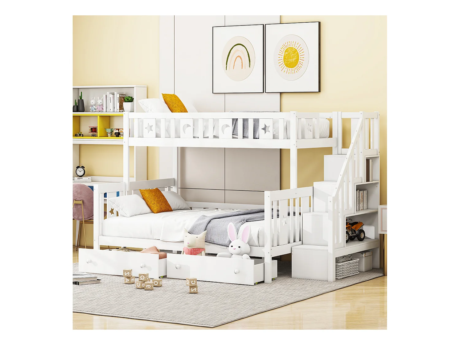 Lit superposés enfant - 90 x 200 cm + 140 x 200 cm - avec 2 tiroirs + rangements dans l'escalier - bois + MDF - blanc