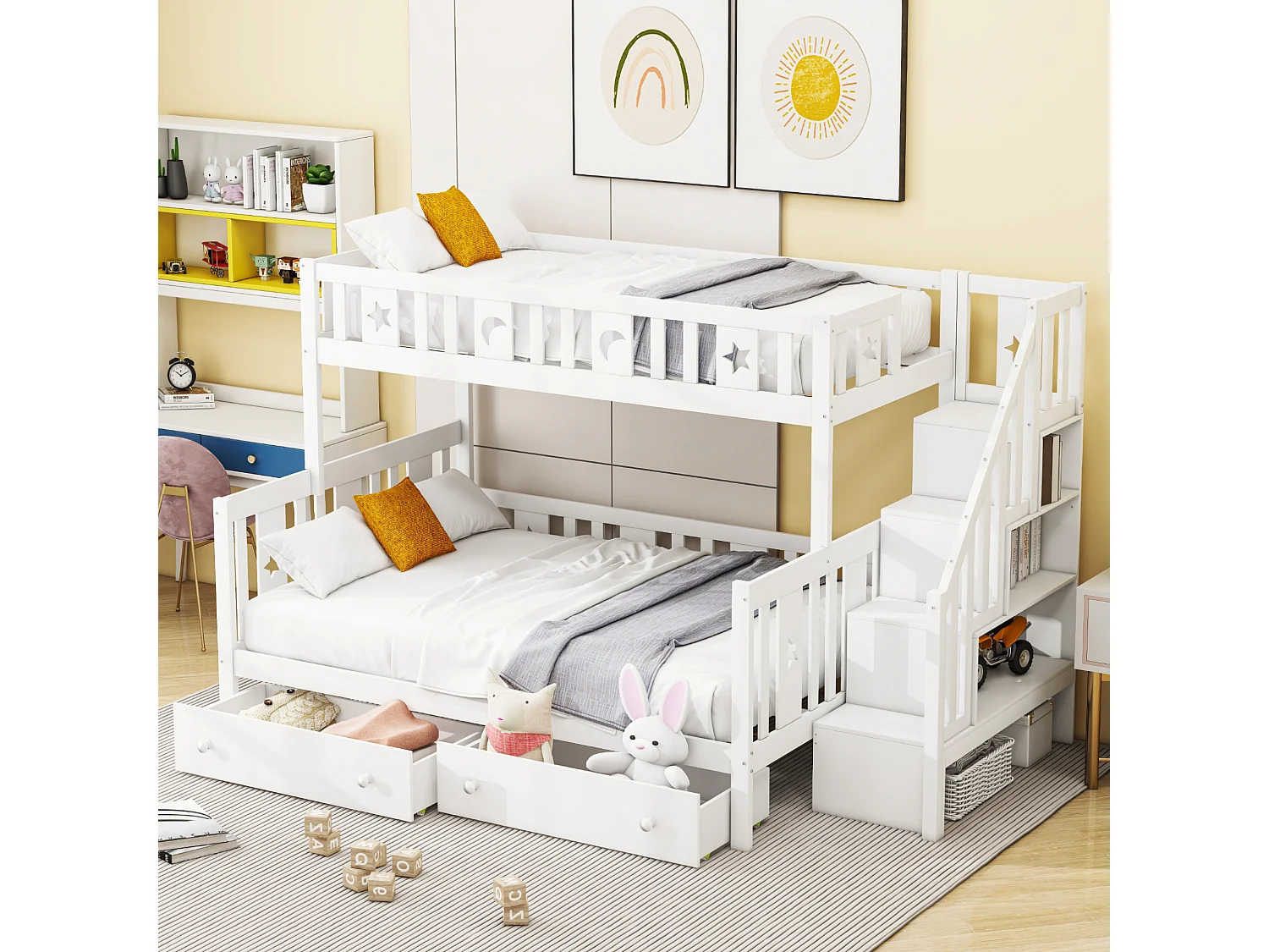 Lit superposés enfant - 90 x 200 cm + 140 x 200 cm - avec 2 tiroirs + rangements dans l'escalier - bois + MDF - blanc