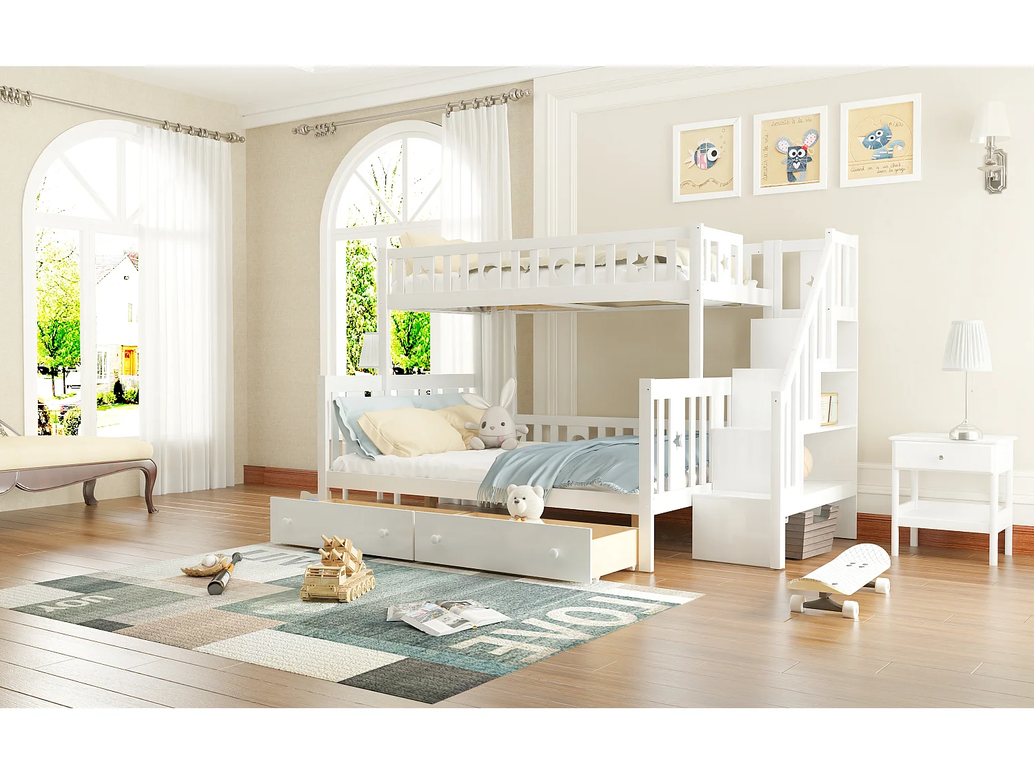 Lit superposés enfant - 90 x 200 cm + 140 x 200 cm - avec 2 tiroirs + rangements dans l'escalier - bois + MDF - blanc