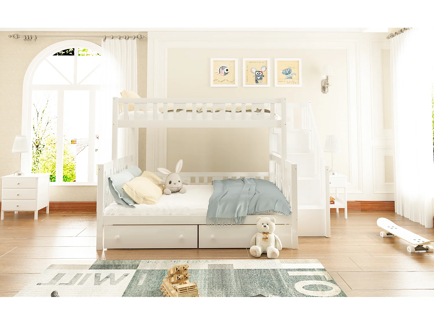 Lit superposés enfant - 90 x 200 cm + 140 x 200 cm - avec 2 tiroirs + rangements dans l'escalier - bois + MDF - blanc