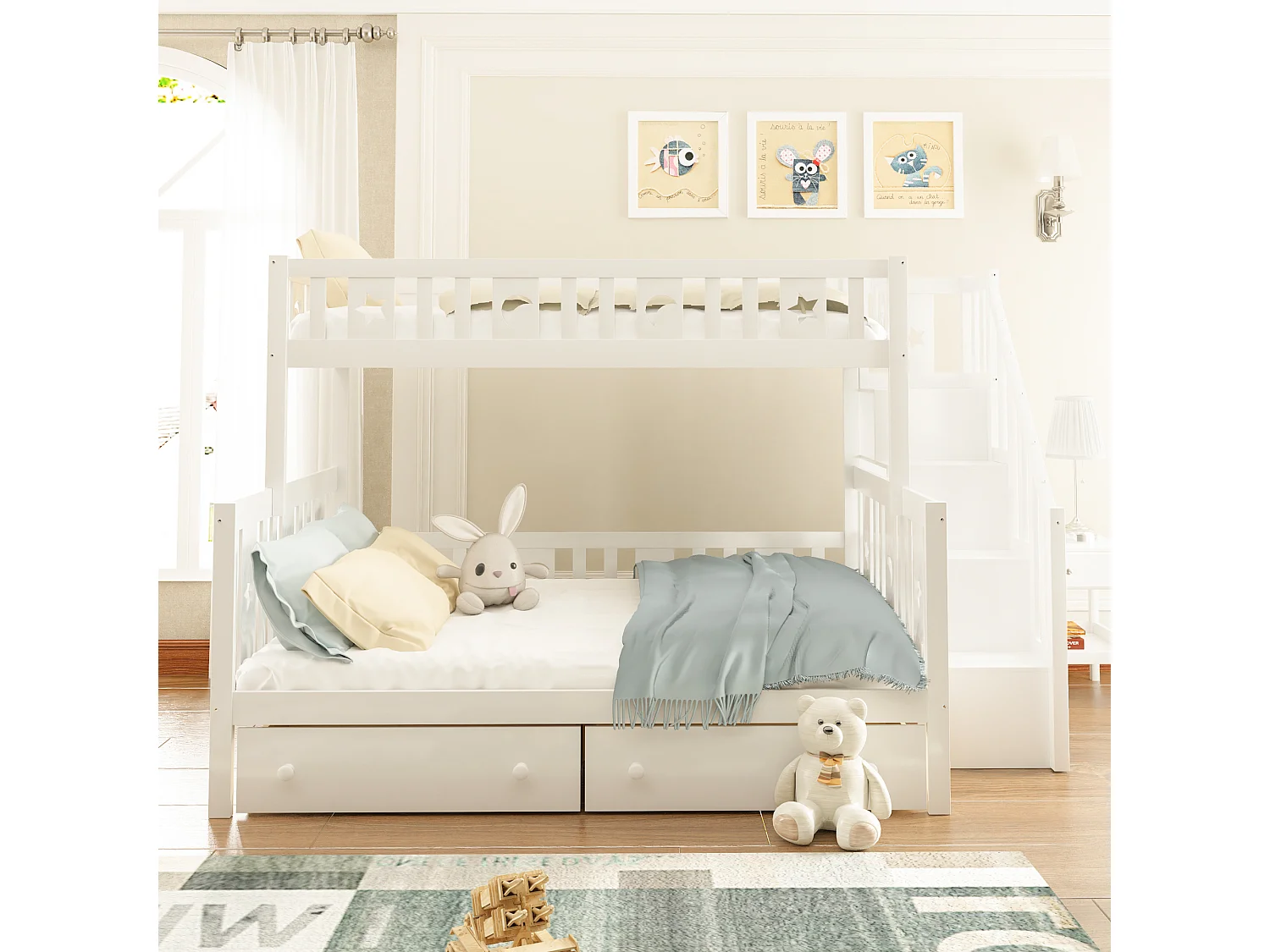 Barnvåningssäng - 90 x 200 cm + 140 x 200 cm - med 2 lådor + förvaring i trappan - trä + MDF - vit