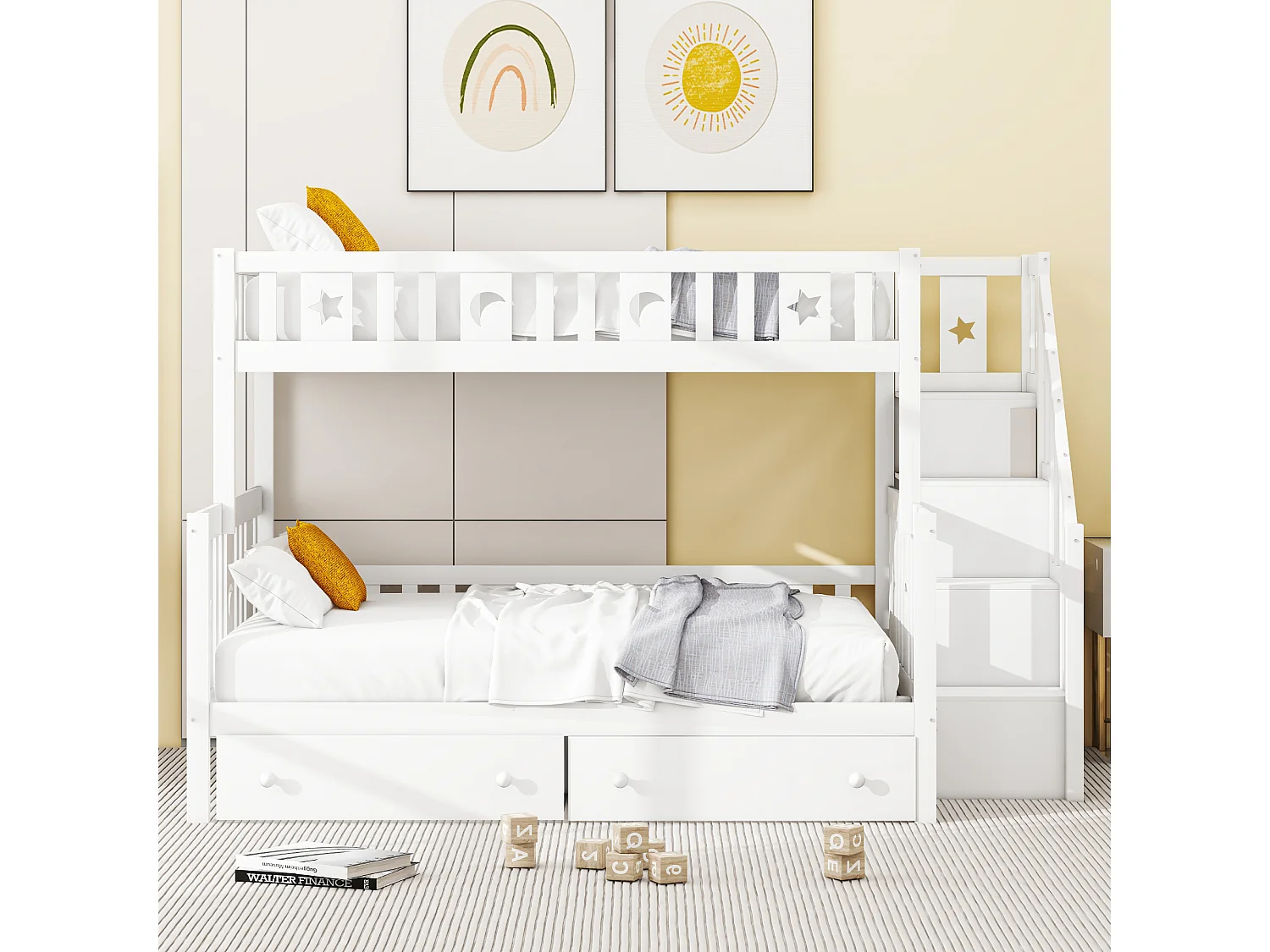 Barnvåningssäng - 90 x 200 cm + 140 x 200 cm - med 2 lådor + förvaring i trappan - trä + MDF - vit