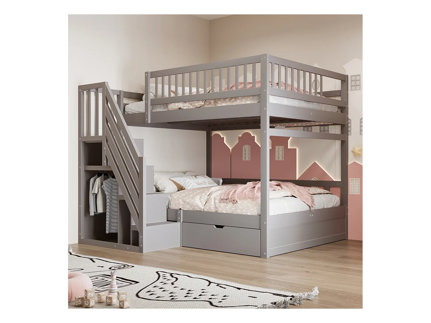 Litera infantil - 2 x 140 x 200 cm - con 1 cajón + espacio de almacenamiento en escalera - madera + MDF - gris