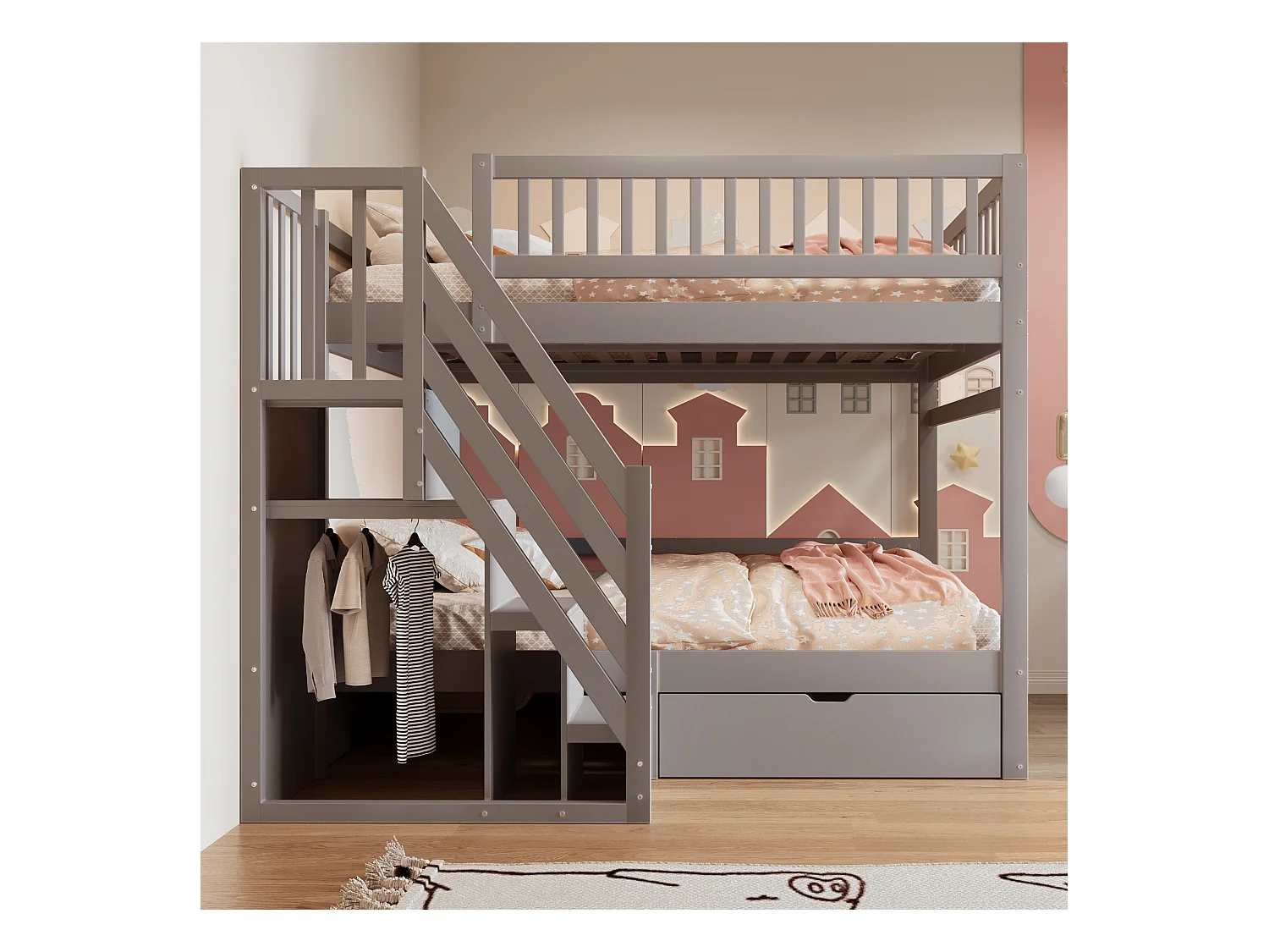 Litera infantil - 2 x 140 x 200 cm - con 1 cajón + espacio de almacenamiento en escalera - madera + MDF - gris