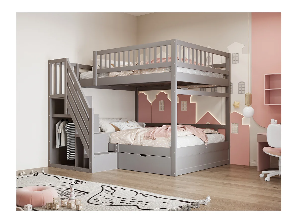 Litera infantil - 2 x 140 x 200 cm - con 1 cajón + espacio de almacenamiento en escalera - madera + MDF - gris