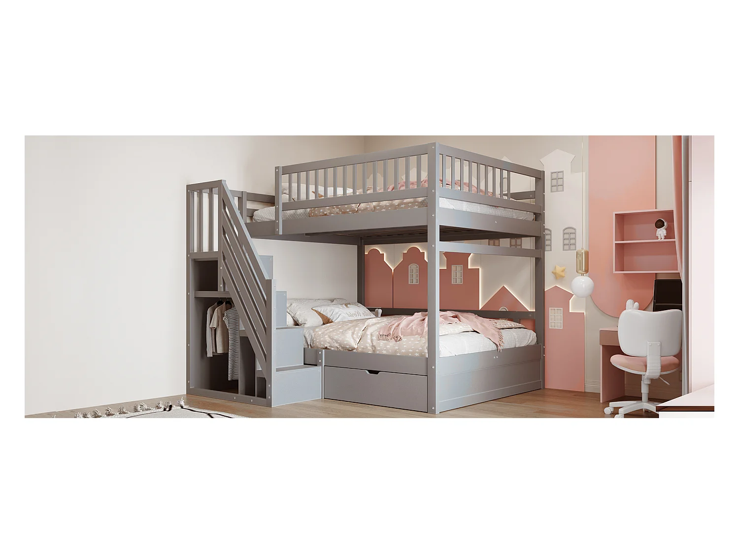 Litera infantil - 2 x 140 x 200 cm - con 1 cajón + espacio de almacenamiento en escalera - madera + MDF - gris