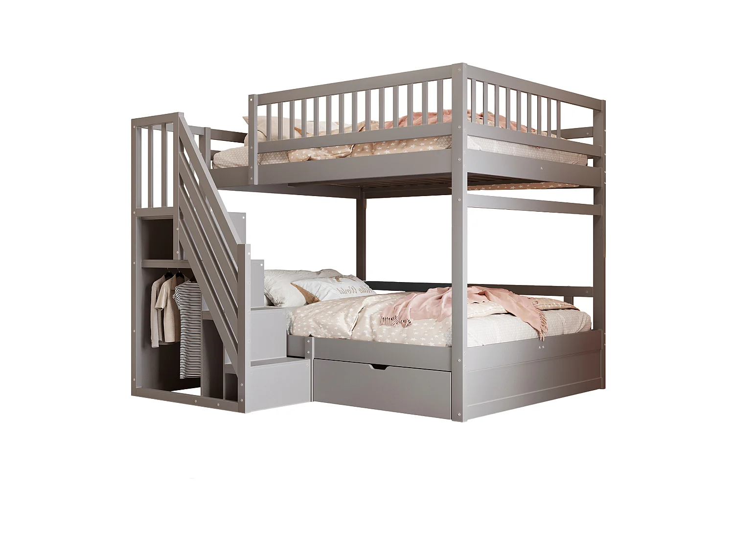 Litera infantil - 2 x 140 x 200 cm - con 1 cajón + espacio de almacenamiento en escalera - madera + MDF - gris