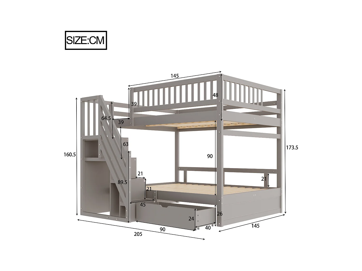 Litera infantil - 2 x 140 x 200 cm - con 1 cajón + espacio de almacenamiento en escalera - madera + MDF - gris