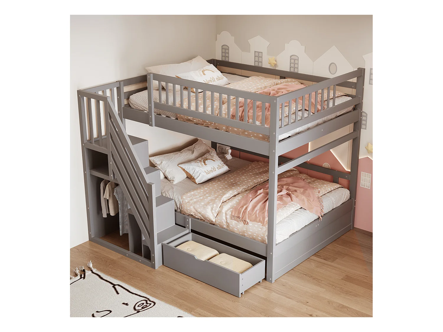 Kinderstapelbed - 2 x 140 x 200 cm - met 1 lade + trapopbergruimte - hout + MDF - grijs