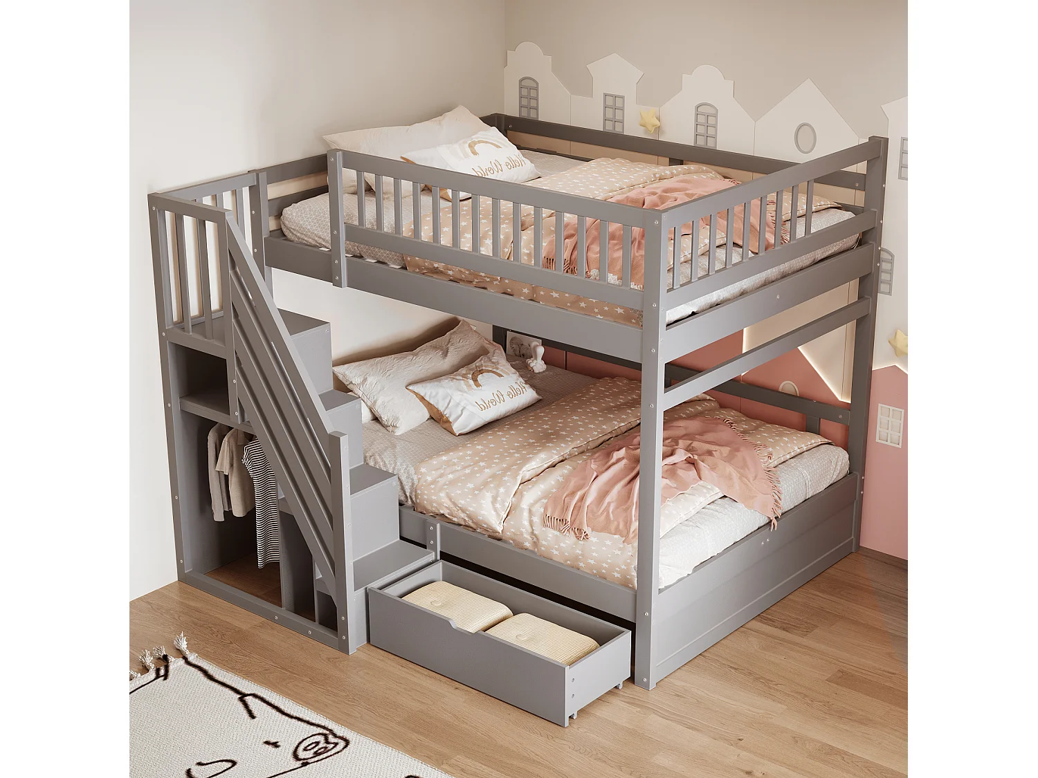 Lit superposés pour enfant - 2 x 140 x 200 cm - avec 1 tiroir + rangements d'escalier - bois + MDF - gris
