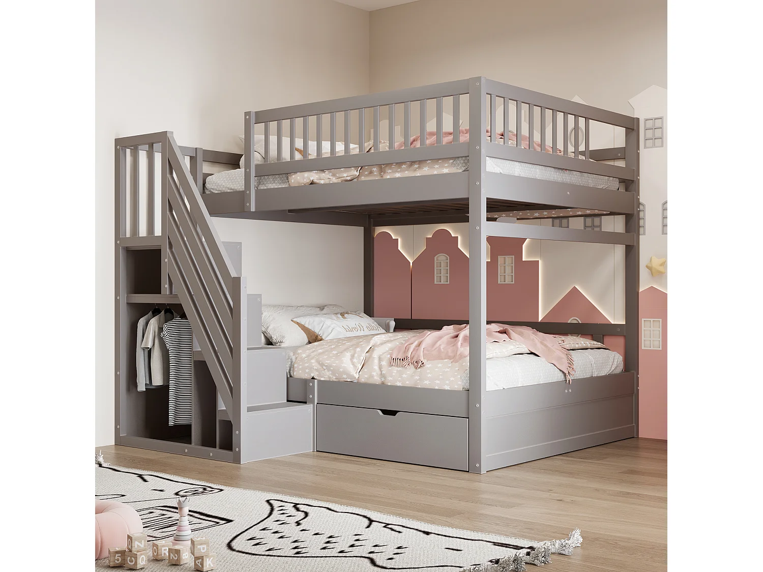 Lit superposés pour enfant - 2 x 140 x 200 cm - avec 1 tiroir + rangements d'escalier - bois + MDF - gris