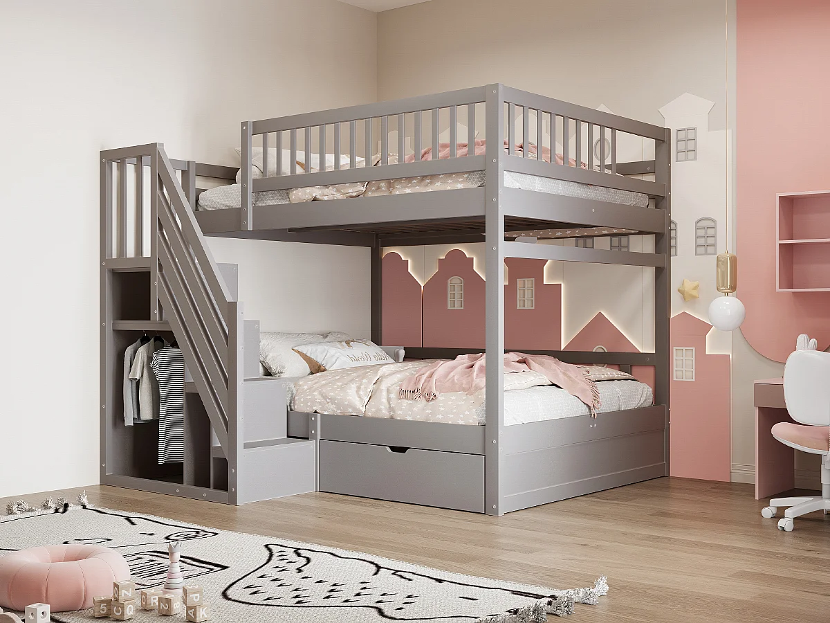 Lit superposés pour enfant - 2 x 140 x 200 cm - avec 1 tiroir + rangements d'escalier - bois + MDF - gris