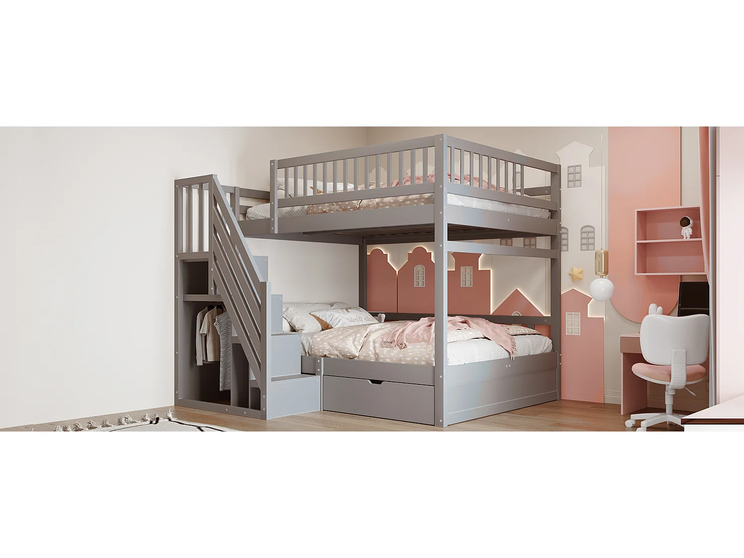 Lit superposés pour enfant - 2 x 140 x 200 cm - avec 1 tiroir + rangements d'escalier - bois + MDF - gris