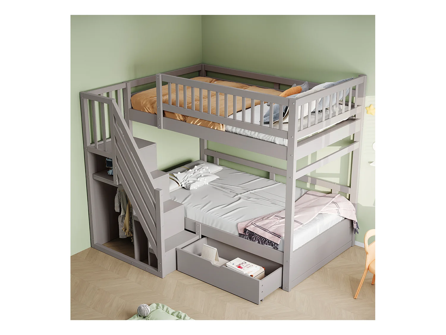 Lit superposés pour enfant - 2 x 90 x 200 cm - avec 1 tiroir + rangements d'escalier - bois + MDF - gris