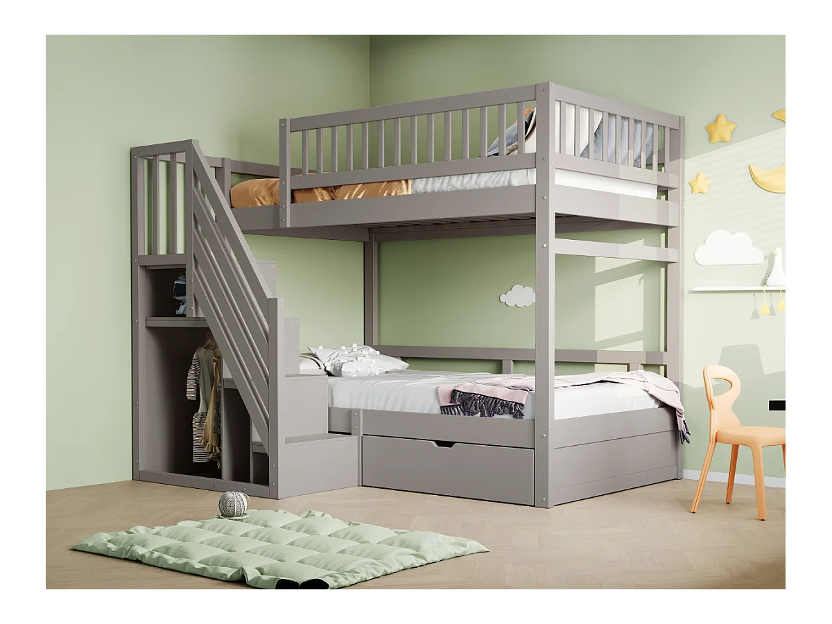Lit superposés pour enfant - 2 x 90 x 200 cm - avec 1 tiroir + rangements d'escalier - bois + MDF - gris