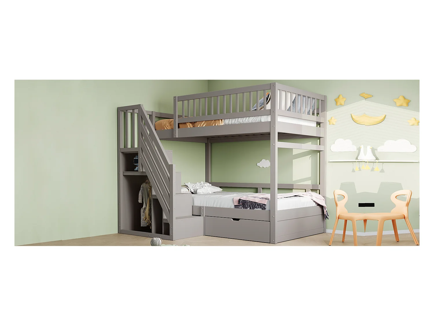 Lit superposés pour enfant - 2 x 90 x 200 cm - avec 1 tiroir + rangements d'escalier - bois + MDF - gris