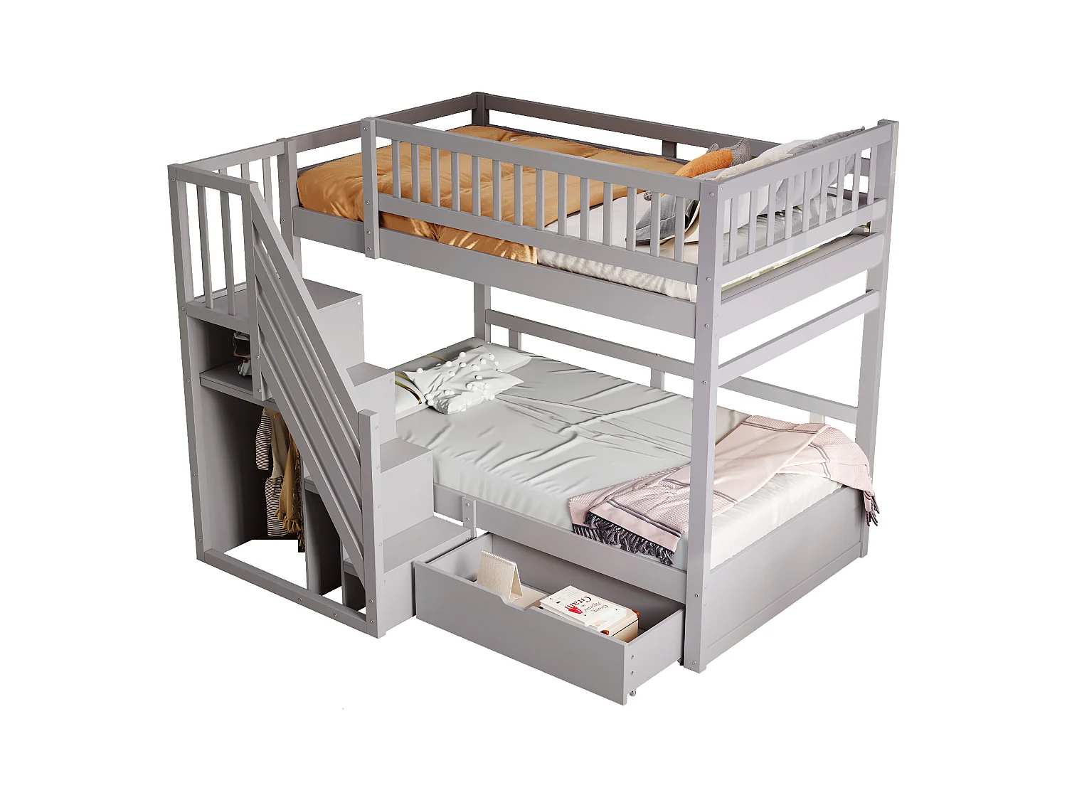 Lit superposés pour enfant - 2 x 90 x 200 cm - avec 1 tiroir + rangements d'escalier - bois + MDF - gris