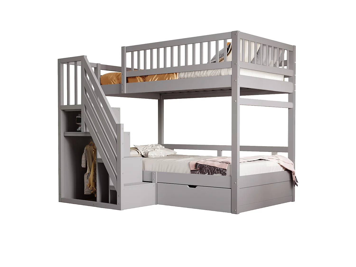 Lit superposés pour enfant - 2 x 90 x 200 cm - avec 1 tiroir + rangements d'escalier - bois + MDF - gris