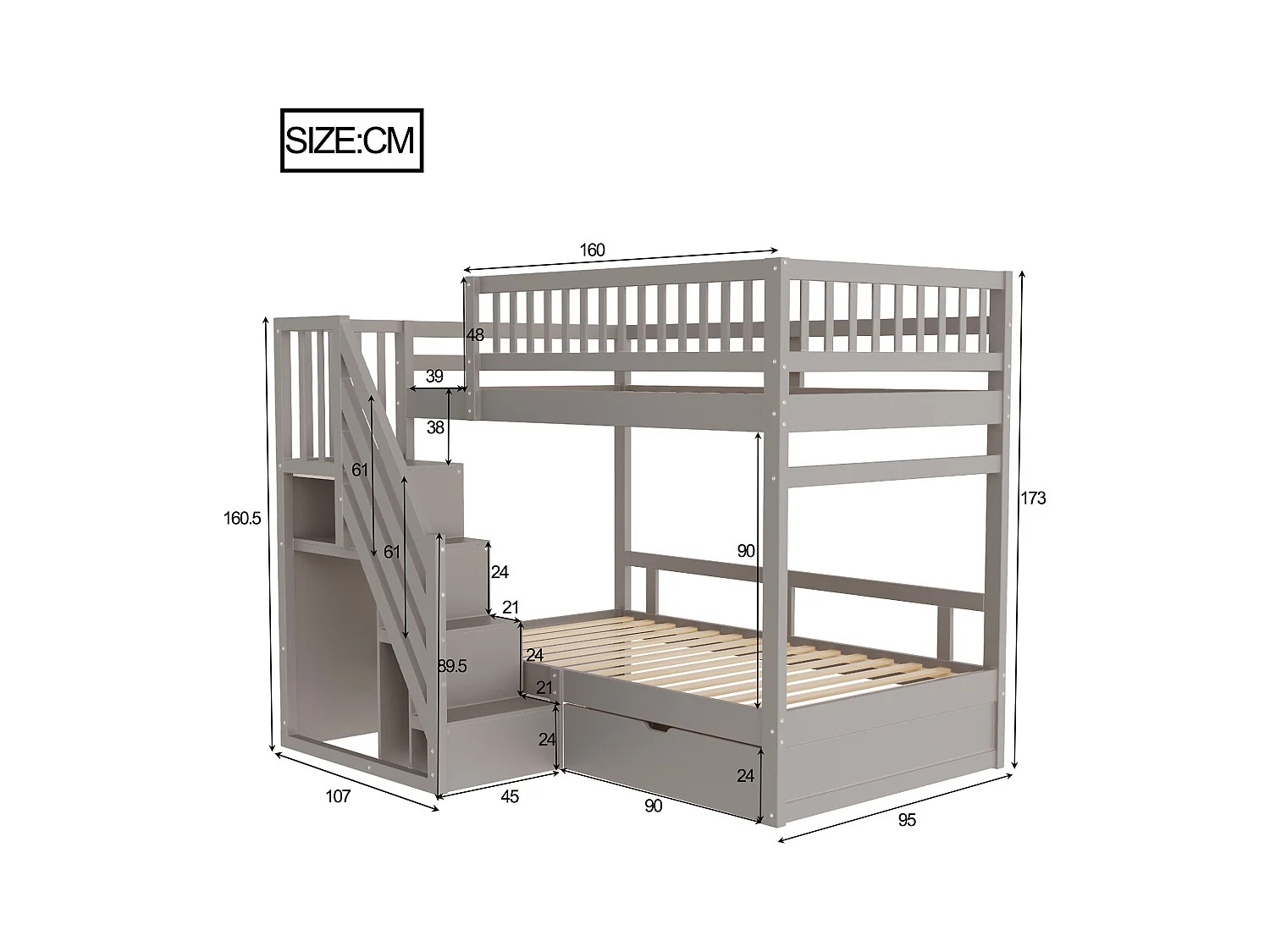 Lit superposés pour enfant - 2 x 90 x 200 cm - avec 1 tiroir + rangements d'escalier - bois + MDF - gris