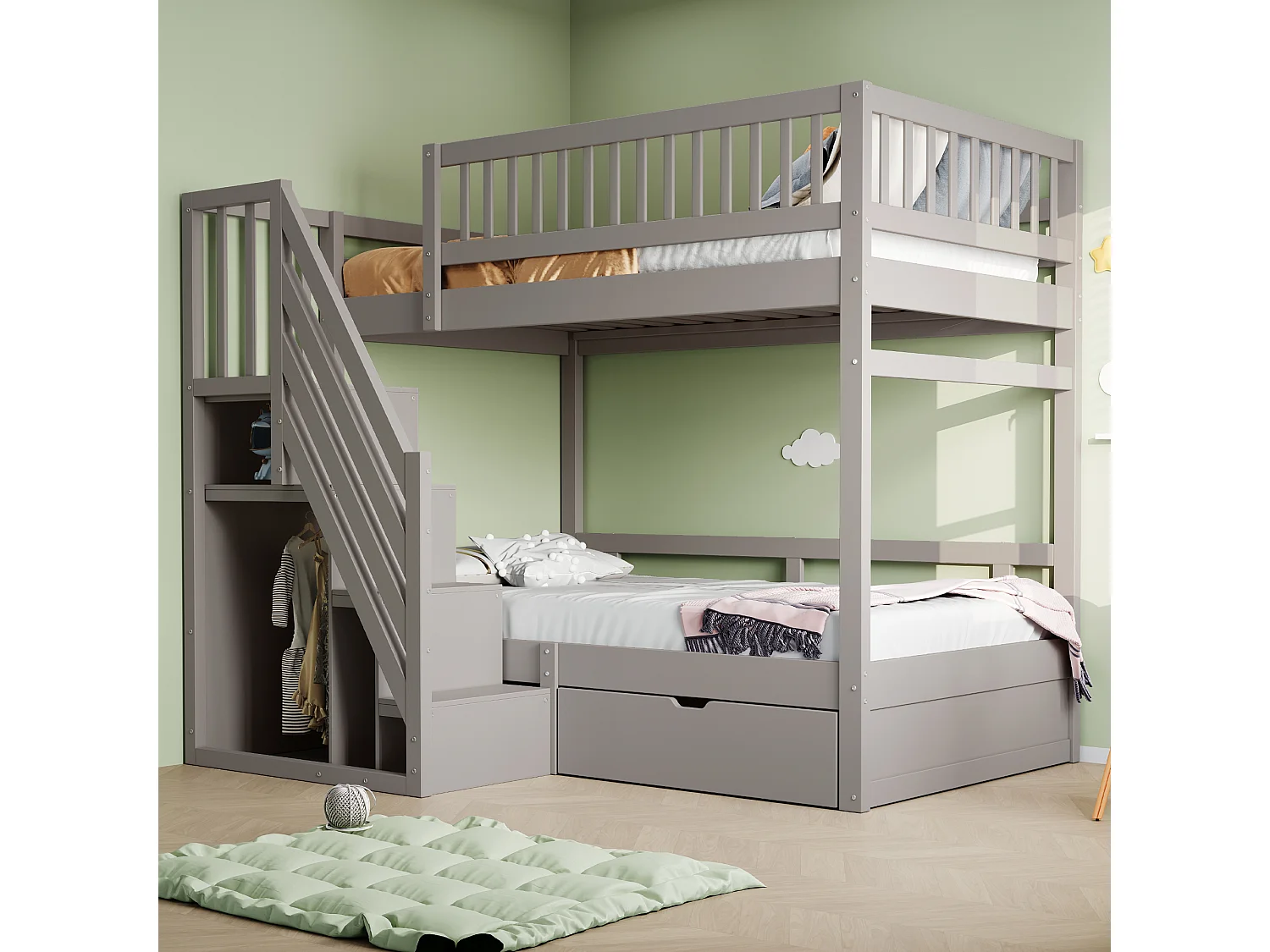 Lit superposés pour enfant - 2 x 90 x 200 cm - avec 1 tiroir + rangements d'escalier - bois + MDF - gris