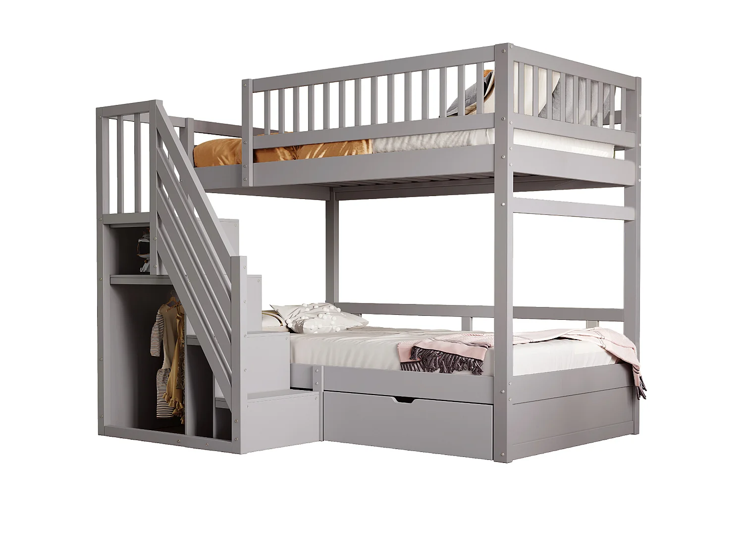 Lit superposés pour enfant - 2 x 90 x 200 cm - avec 1 tiroir + rangements d'escalier - bois + MDF - gris