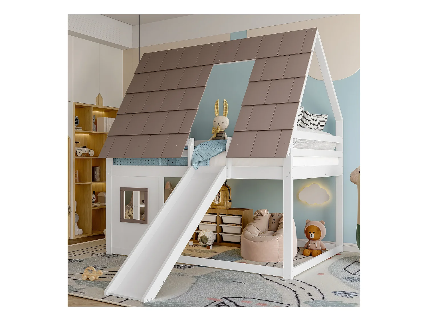 Lit superposés enfant - 2 x 140 x 200 cm - avec toit + échelle + toboggan - MDF + pin - blanc et marron
