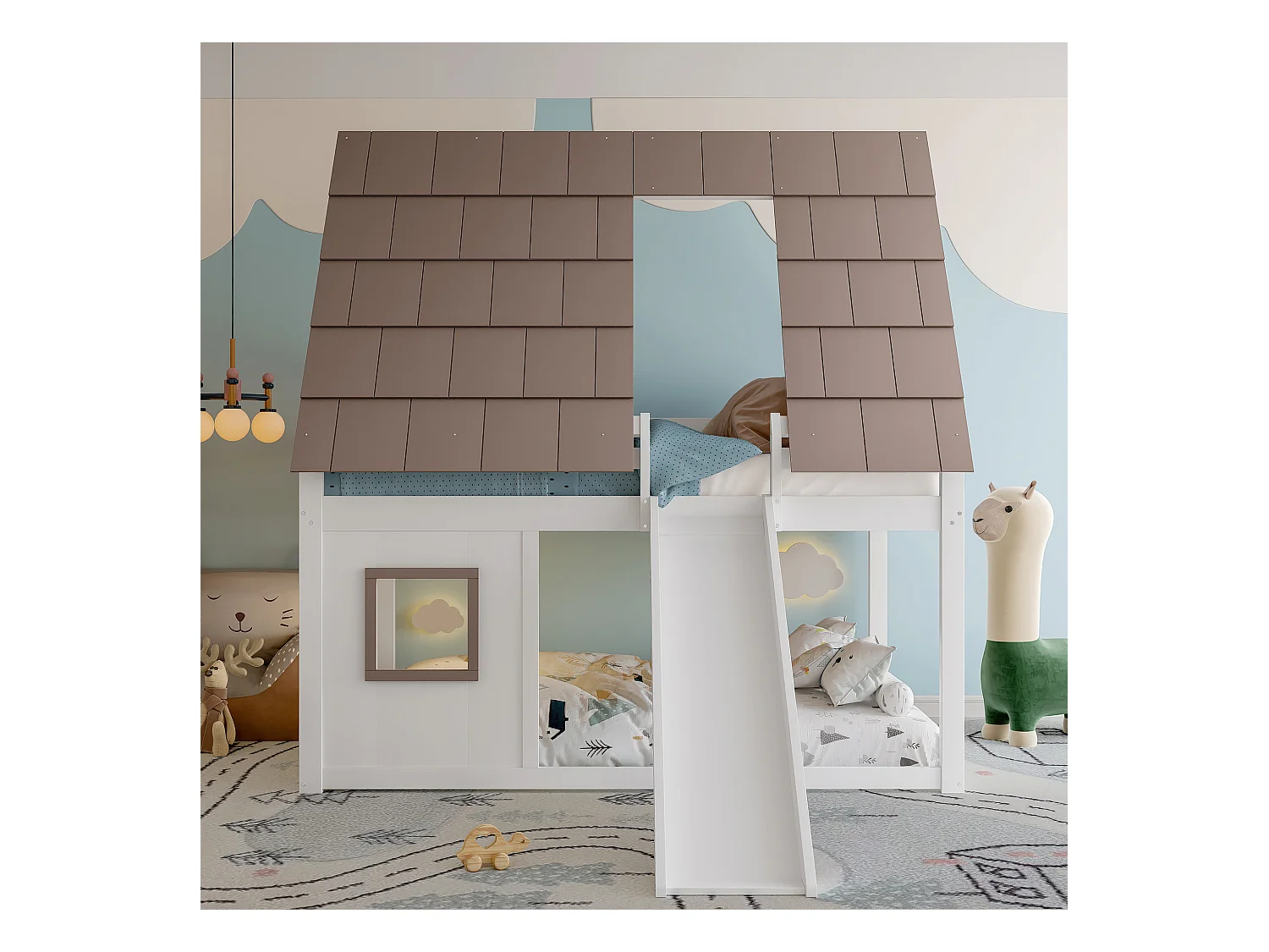 Lit superposés enfant - 2 x 140 x 200 cm - avec toit + échelle + toboggan - MDF + pin - blanc et marron