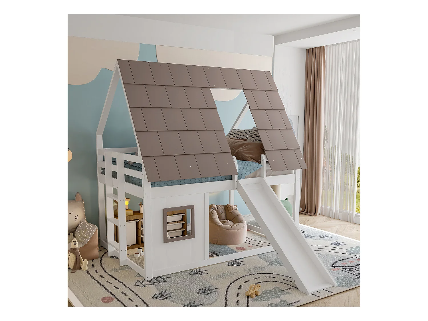 Lit superposés enfant - 2 x 140 x 200 cm - avec toit + échelle + toboggan - MDF + pin - blanc et marron