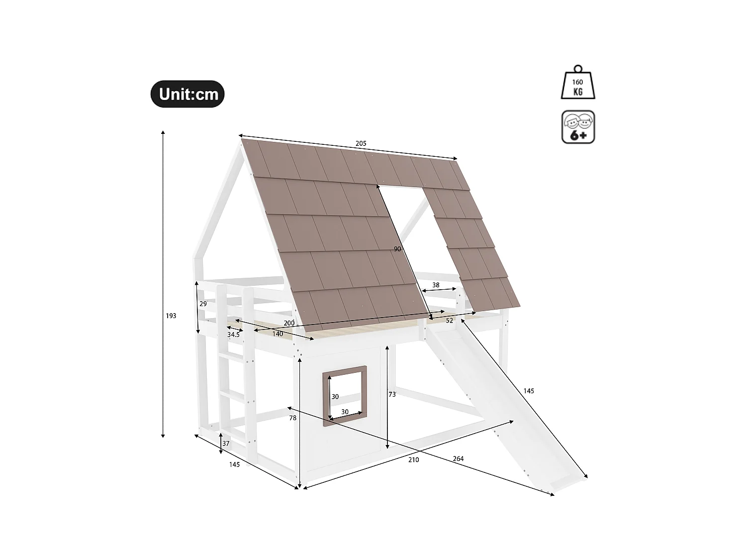 Lit superposés enfant - 2 x 140 x 200 cm - avec toit + échelle + toboggan - MDF + pin - blanc et marron