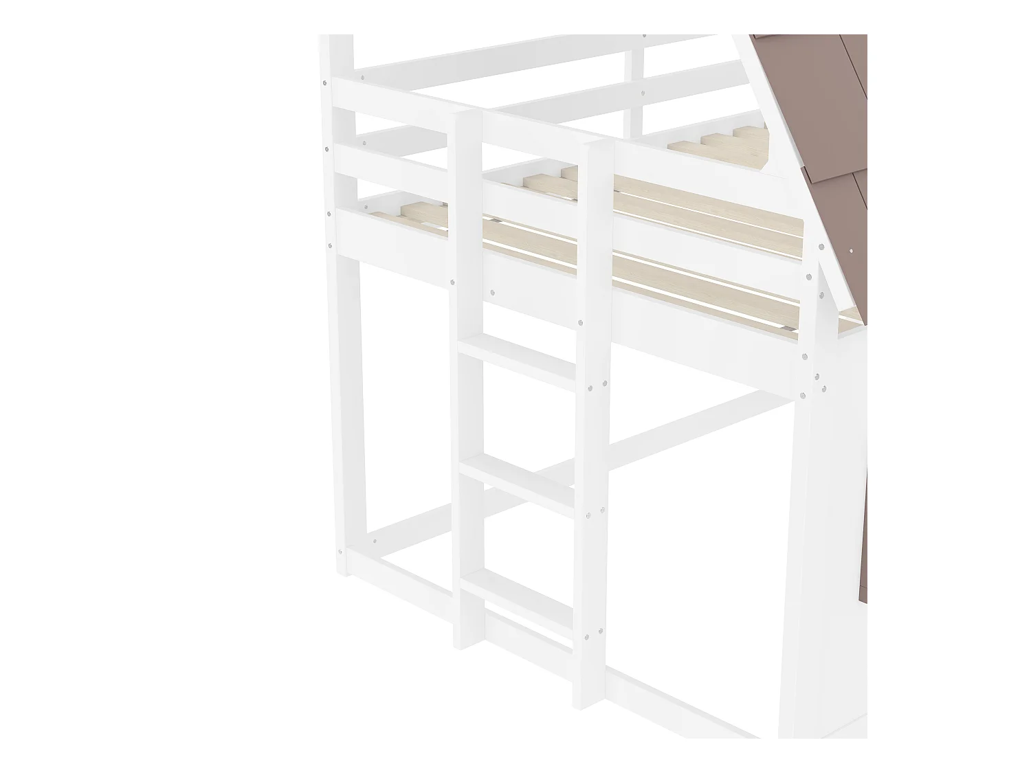 Lit superposés enfant - 2 x 140 x 200 cm - avec toit + échelle + toboggan - MDF + pin - blanc et marron