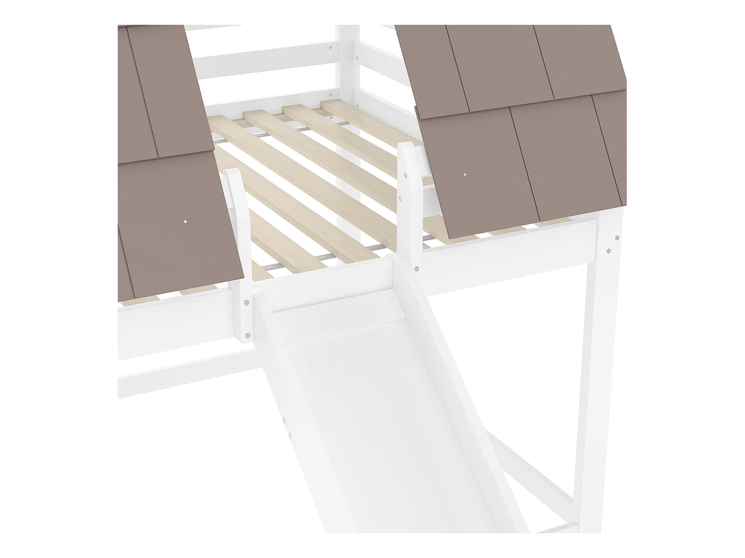 Lit superposés enfant - 2 x 140 x 200 cm - avec toit + échelle + toboggan - MDF + pin - blanc et marron