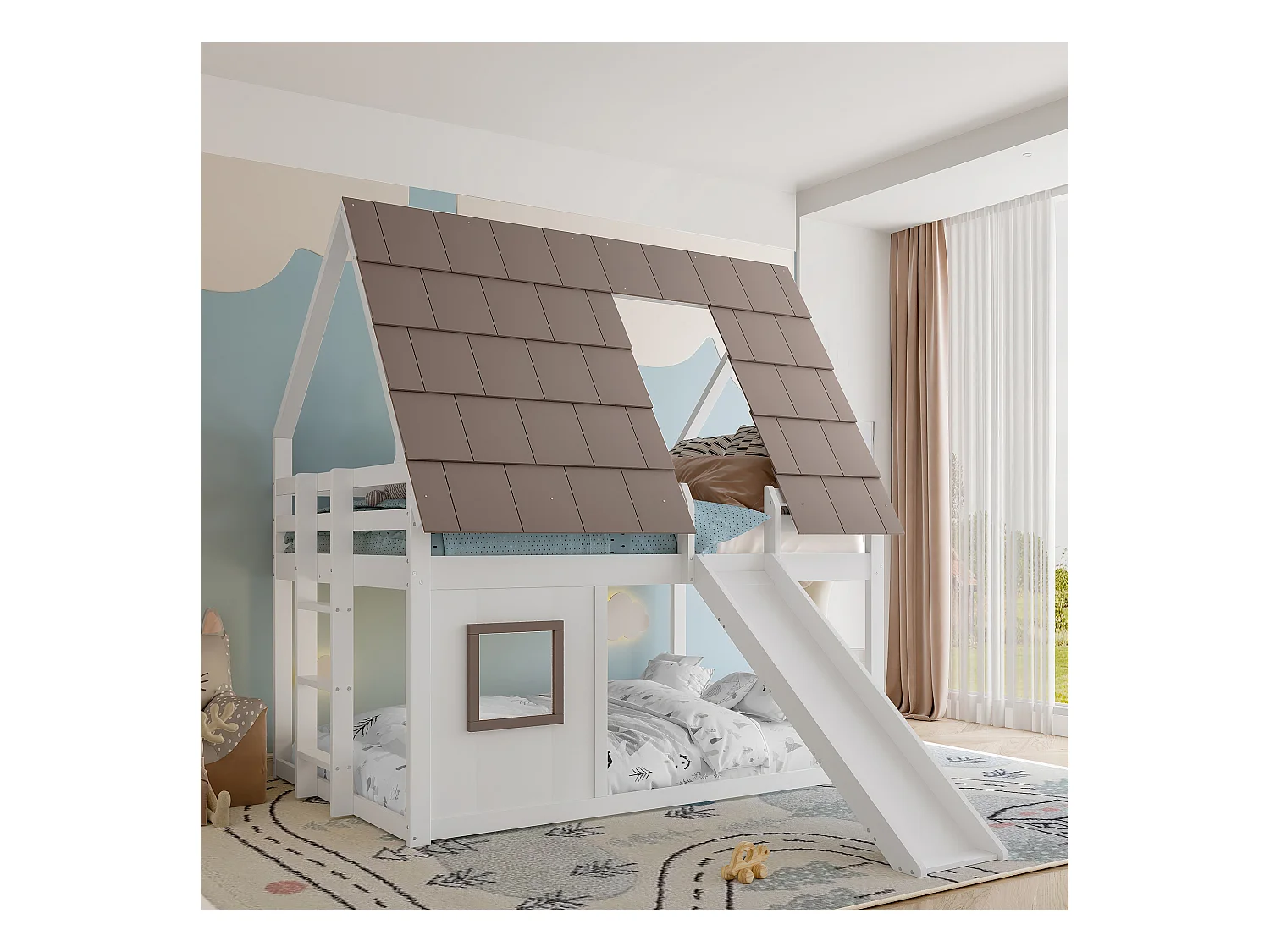 Lit superposés enfant - 2 x 140 x 200 cm - avec toit + échelle + toboggan - MDF + pin - blanc et marron