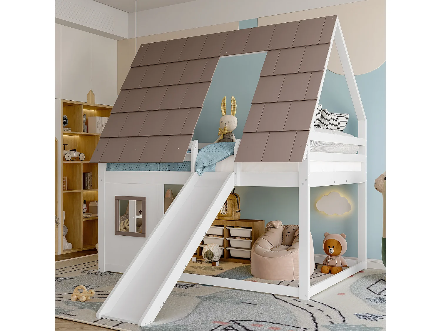 Beliche infantil - 2 x 140 x 200 cm - com teto + escada + escorregador - MDF + pinho - branco e marrom