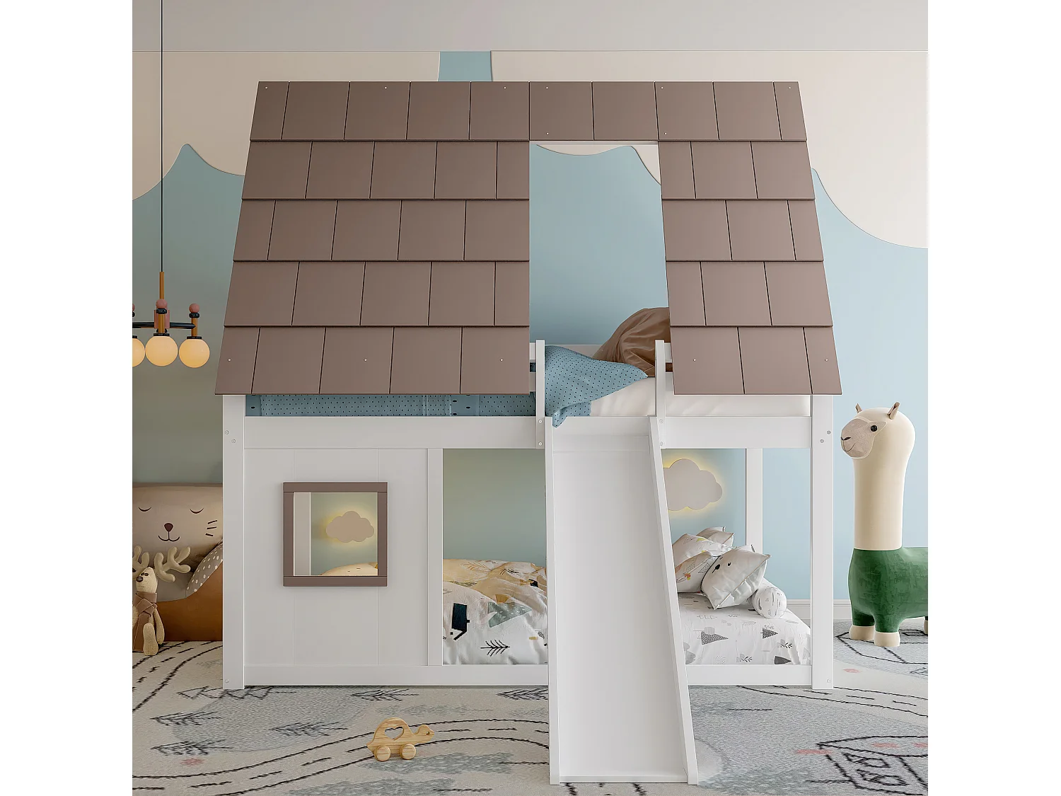 Beliche infantil - 2 x 140 x 200 cm - com teto + escada + escorregador - MDF + pinho - branco e marrom
