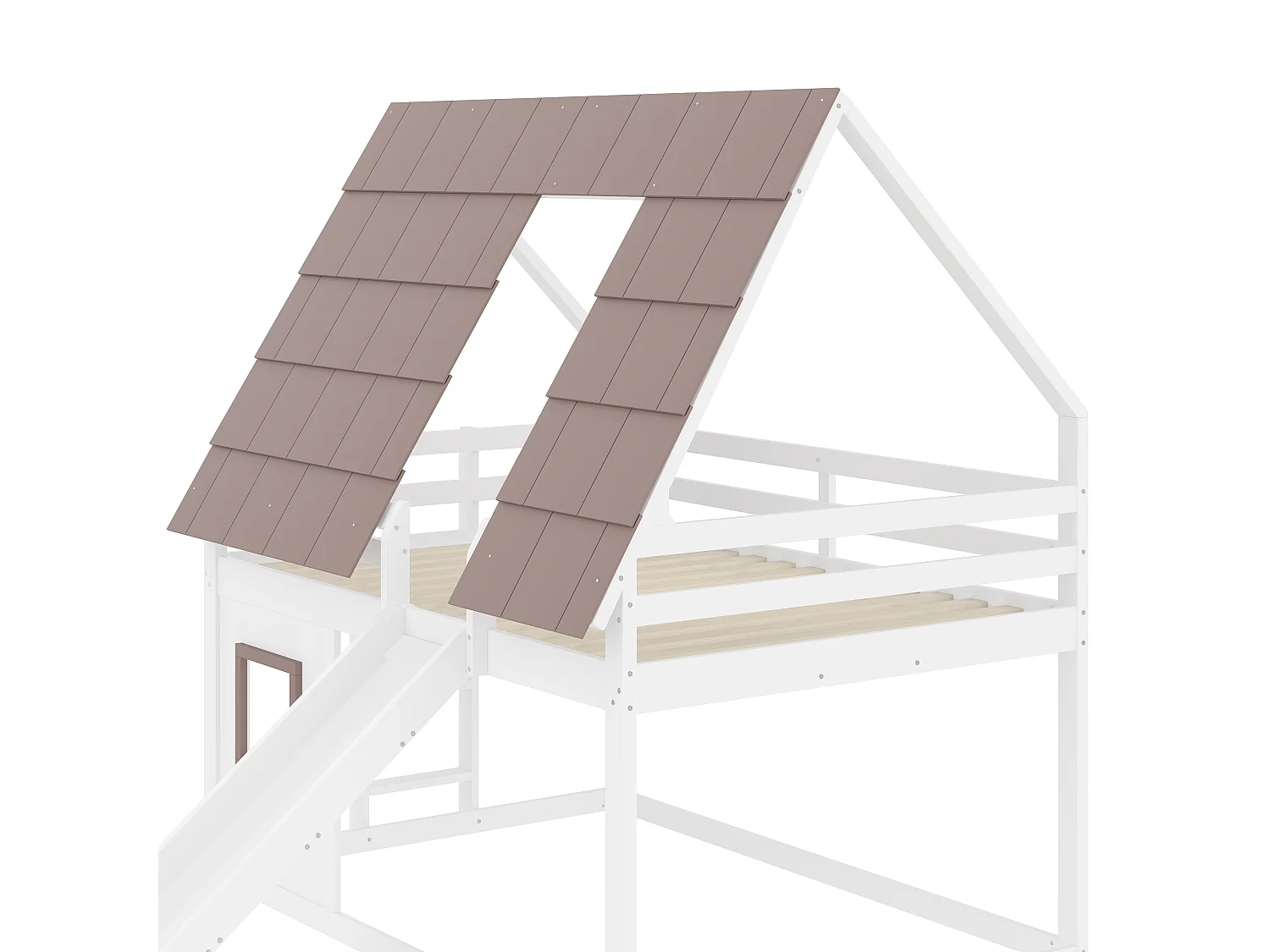 Beliche infantil - 2 x 140 x 200 cm - com teto + escada + escorregador - MDF + pinho - branco e marrom