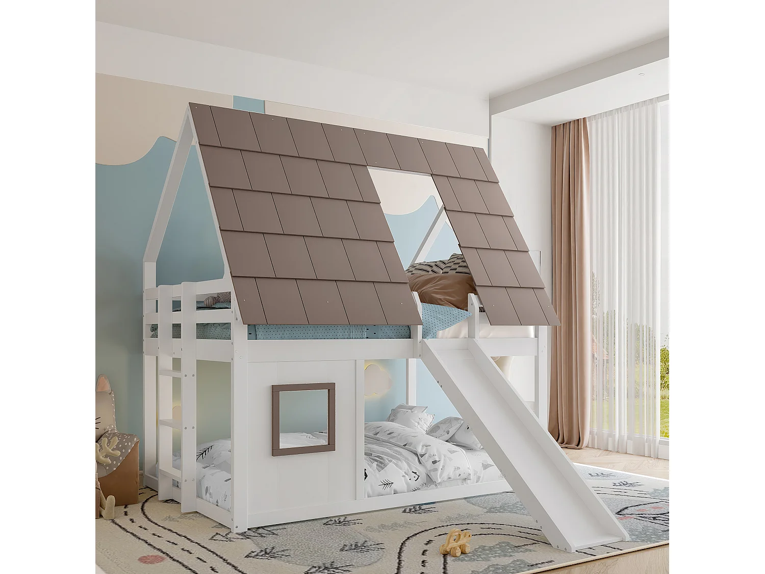 Litera infantil - 2 x 140 x 200 cm - con techo + escalera + tobogán - MDF + pino - blanco y marrón