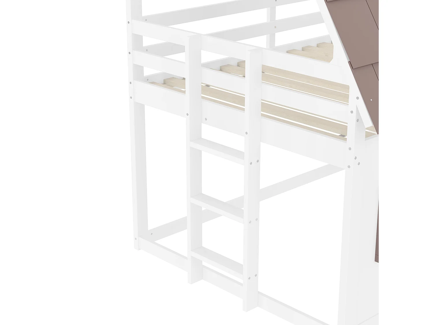 Litera infantil - 2 x 140 x 200 cm - con techo + escalera + tobogán - MDF + pino - blanco y marrón