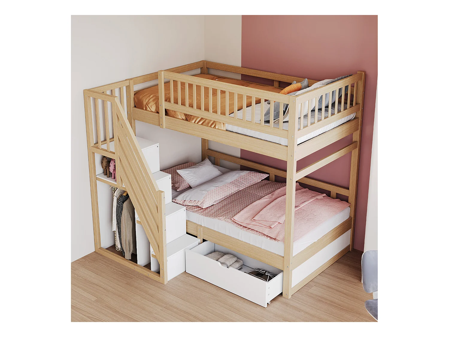 Lit superposés pour enfant - 2 x 90 x 200 cm - avec 1 tiroir + rangements d'escalier - bois + MDF - naturel clair