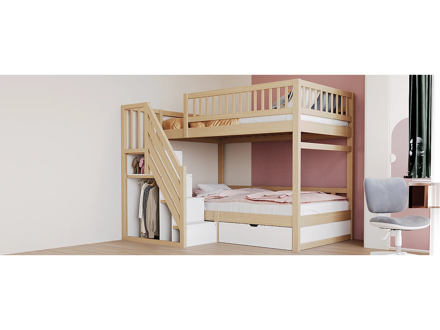 Lit superposés pour enfant - 2 x 90 x 200 cm - avec 1 tiroir + rangements d'escalier - bois + MDF - naturel clair