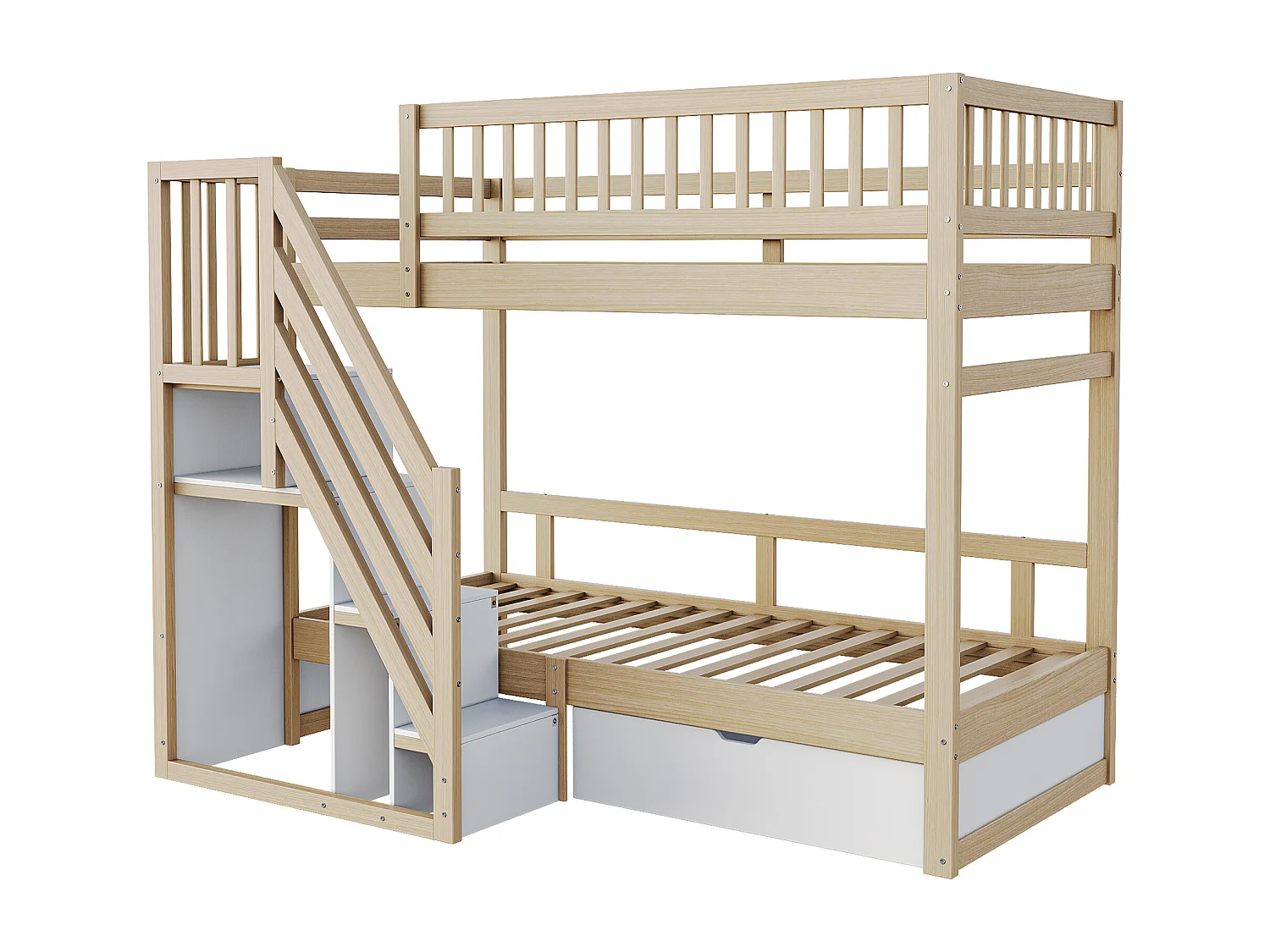 Lit superposés pour enfant - 2 x 90 x 200 cm - avec 1 tiroir + rangements d'escalier - bois + MDF - naturel clair